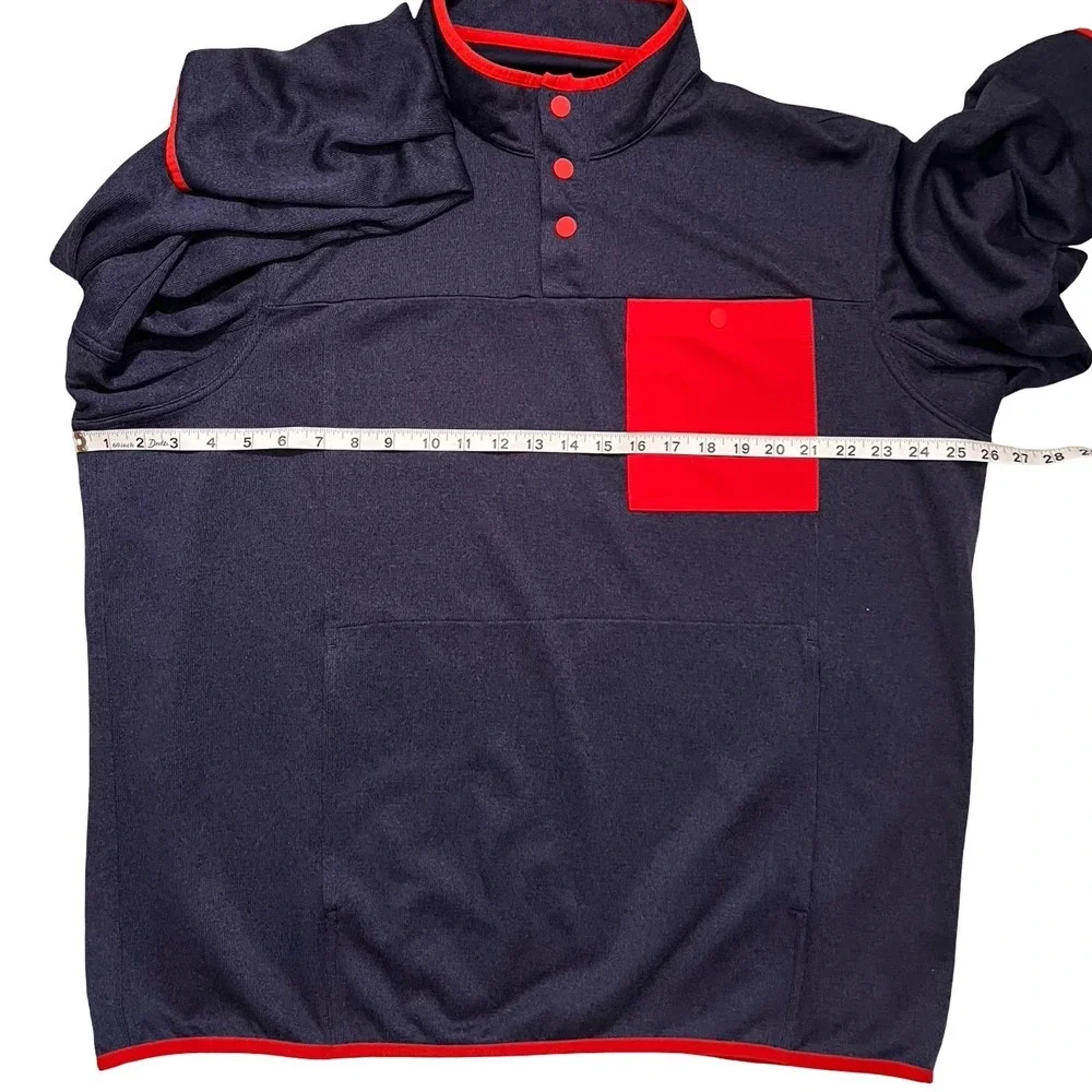 Duluth Trading Co Mens Navy Blue Red Snap Neck Pullover Sweater Large Pocket